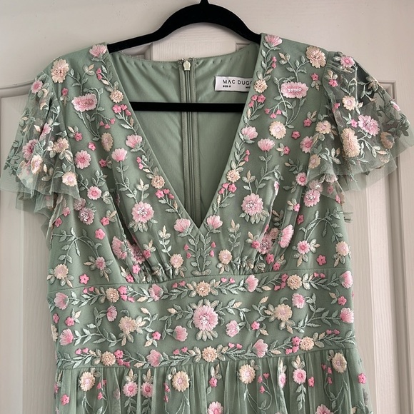 MAC DUGGAL EMBROIDERED V NECK CAP SLEEVE FLORAL APPLIQUÉ MIDI DRESS - SAGE - NEW - Picture 6 of 9